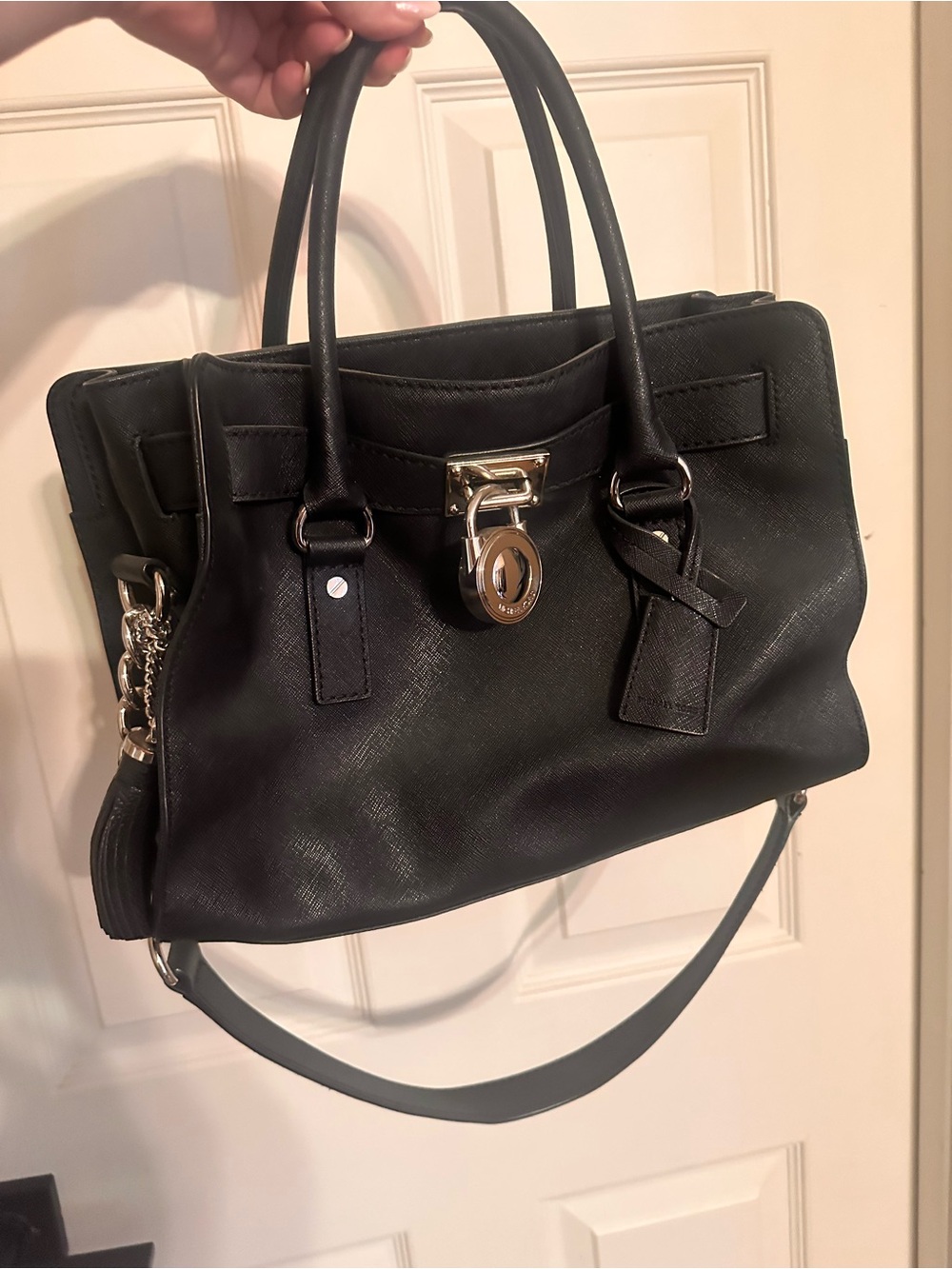Michael Kors Black Leather Satchel Handbag with Silver Hardware